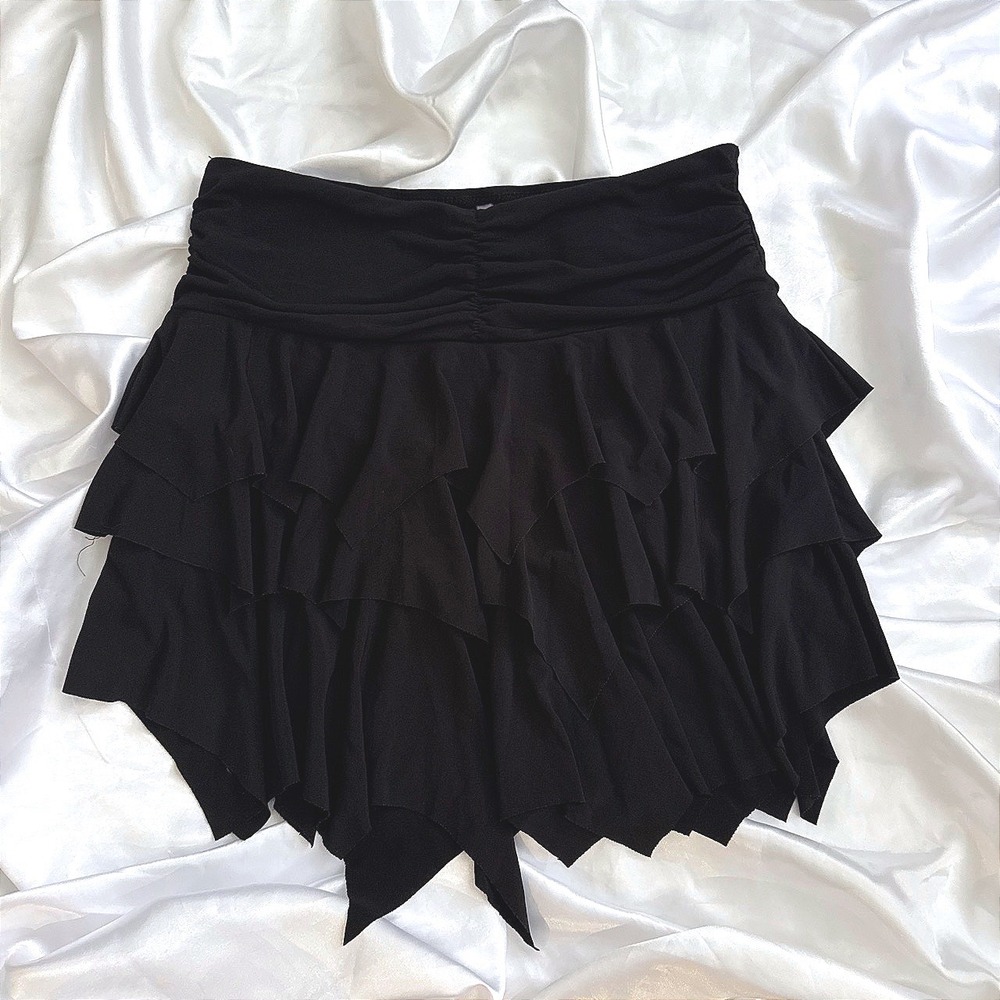 Tempted Black Tiered Ruffle Handkerchief Hem Mini Skirt Ruched Waistband Womens